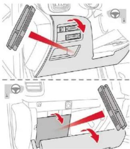 Diagram showing airflow or traffic flow between a car interior and dashboard, with red arrows indicating direction of movement.