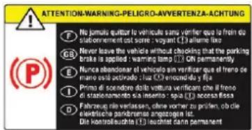 ATTENTION-WARNING-PELIGRO-AVVERTENZA-ACHTUNG P No jamais quittar le vehicula sans vérifier que la fron du stadionnement est some : voyant (1) allarme lixo G8 Never leave the vehicle without checking that the parking brake is applied : warning lamp (1) ON permanently E Nunce abandonar le vehiculo sans vérifier que el frono de mano sido activado ; las 20% encowd su y lga I Prima di soondore dalla vottura verificare che il frono di strazionamento sa insento: spa (1) accenza fissa F Fahrzeug rile versissen, chine vorner zu profilen, ob die elektrische psidermonti ambotogono ist. Die konsoblaste (1) lechato dann permanent