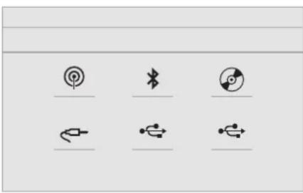 Diagram showing six labeled icons: power, Bluetooth, CD, plug, switch, and USB, arranged in a row.