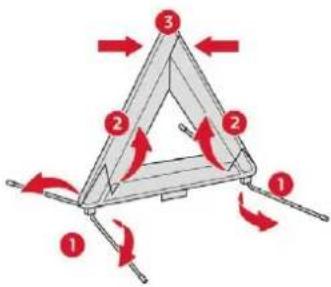 Diagram of a triangular mechanical structure with numbered components and directional arrows indicating motion or force directions.