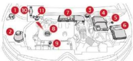 Diagram of a car engine bay with numbered components and a red arrow pointing to component 8