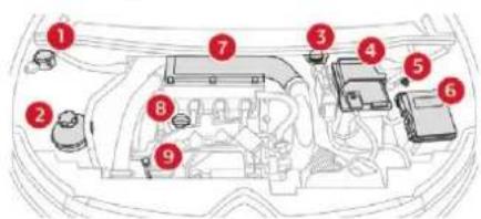 Diagram of a car engine bay with numbered components for identification