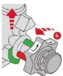 Diagram illustrating mechanical or fluid flow with red arrows and green/red circles, possibly indicating movement or force directions.