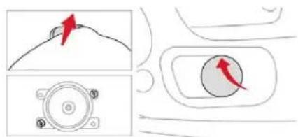 Diagram showing a mechanical component with red arrows indicating direction, including a circular inset view.