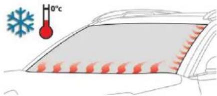 Diagram illustrating temperature change with a thermometer and snowflake symbol, showing airflow or heat distribution on a vehicle surface.