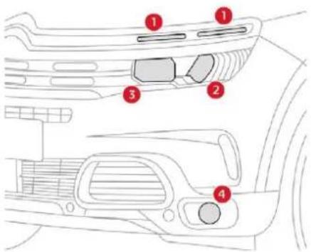 Diagram of car interior components with numbered labels pointing to different parts of the dashboard and rear window.