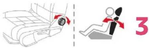 Diagram showing car seat adjustment with speedometer and step indicator, labeled with number 3
