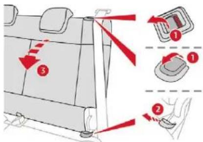 Diagram illustrating seatbelting steps with numbered instructions and red arrows indicating movement