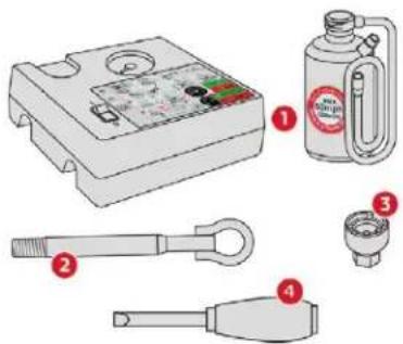 Illustration of four different mechanical components with numbered labels, including a voltmeter, wrench, and dial indicator.