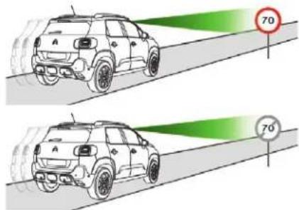 Diagram showing two cars on a road with green traffic light indicators and a 70-degree speed limit sign.