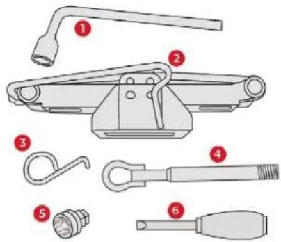 Technical diagram of a mechanical clamp or bracket with numbered parts labeled 1 through 6