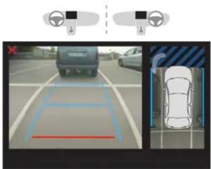Diagram showing vehicle detection system with front and side views, including a red crosshair and bounding boxes highlighting the lanes.