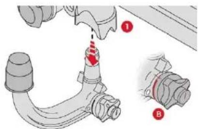 Technical diagram showing mechanical assembly with labeled parts ① and ②, likely illustrating a valve or connector assembly.