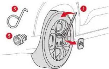 Diagram showing car wheel assembly with numbered parts and directional arrows indicating components
