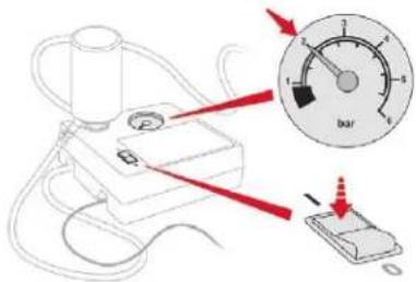 Diagram illustrating a measurement setup with a magnified dial labeled 'bar' and red arrows indicating direction of measurement.