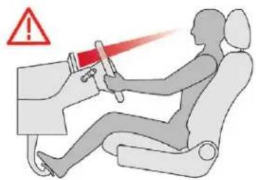 Diagram illustrating a person using a device to drive a red light, with a warning symbol and a red exclamation mark.