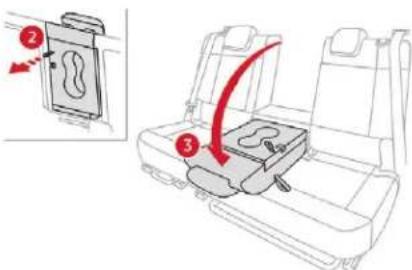 Diagram showing car seatbelt mounting mechanism with numbered instructions and directional arrows indicating movement
