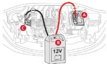Diagram showing a 12V battery connected to two labeled components (A and B) in an electrical circuit, with component C marked.