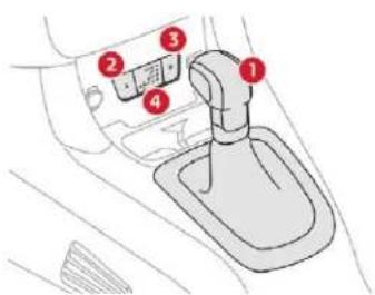 Diagram of car gear shift lever with numbered parts for mode and control