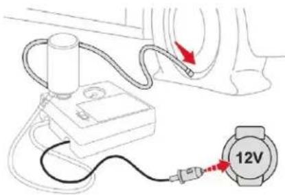 Diagram showing a medical or electrical device connected to a 12V meter, with red arrows indicating direction of connection.