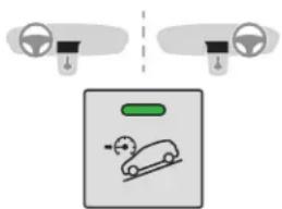 Diagram showing car steering wheel and dashboard with a car icon and directional arrows, likely illustrating steering or navigation system.