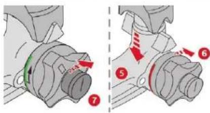 Technical diagram showing mechanical assembly steps with numbered annotations and directional arrows indicating motion or movement.