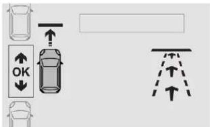 Diagram showing vehicle parking and traffic flow with directional arrows and checkmark indicators