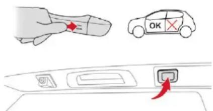 Diagram showing car door control with red arrows indicating left-hand rule and 'OK' checkmark, alongside a hand pointing to a device.