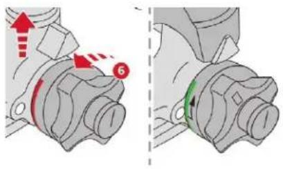 Technical diagram showing mechanical assembly with red arrows and numbered component 6, likely illustrating a step or motion sequence.