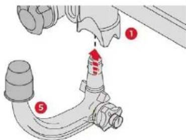 Technical diagram showing pipe fitting with labeled parts 1 and 5, indicating a mechanical assembly or installation step.