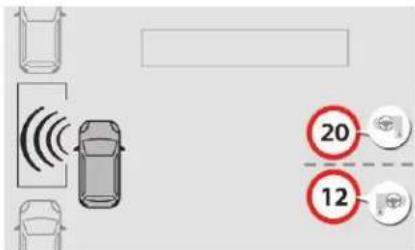 Diagram showing car sensor placement with two distance indicators labeled 20 and 12, alongside vehicle icons.