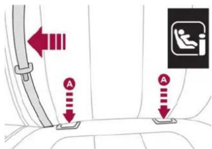 Diagram showing car seatbelt connection with red arrows and labels A and a baby icon, indicating vehicle movement or safety instructions.