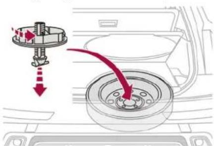 Diagram showing car wheel assembly with red arrows indicating motion direction and component placement