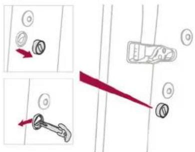 Diagram illustrating mechanical assembly steps with labeled parts and directional arrows indicating motion