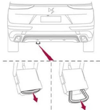 Diagram showing car rearview and rearview cable connector placement with red arrows indicating movement or insertion points.