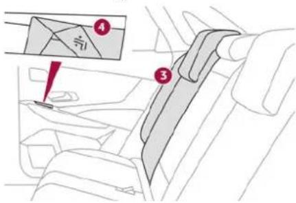 Diagram of car seatbelt mechanism with numbered parts and a highlighted section view
