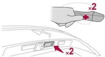 Diagram showing a hand interacting with a device labeled '×2' on the car's side panel, with arrows pointing to the component.
