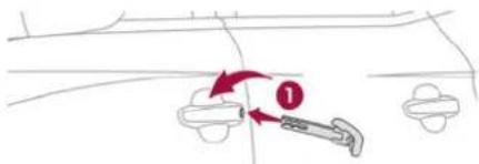 Diagram showing a mechanical component with red arrows indicating motion or force direction, labeled with number 1.
