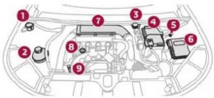Diagram of car engine compartment with numbered parts for identification