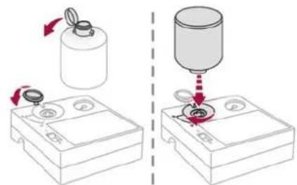 Diagram illustrating a mechanical setup with a cylindrical component being inserted into a base, showing motion and assembly steps.