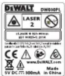 DEWALT DW30PL LASER 2 CTJAWA 850-900mm ISO 94035-1.2014 CE www.DeWALT.com SVC DC 777 900mA Made in China