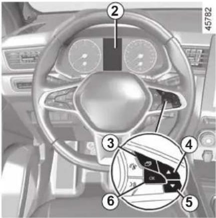 Interior view of a car dashboard with numbered parts and a close-up inset showing steering wheel and gear shift