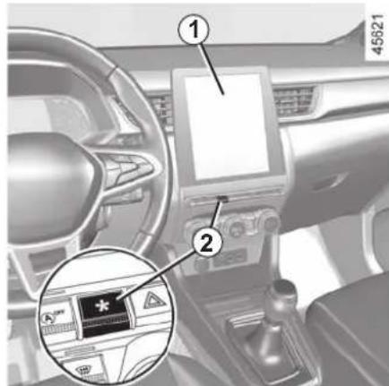 Interior view of a car dashboard with labeled parts and a highlighted diagnostic device showing warning symbols