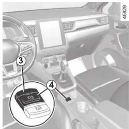 Interior view of a car dashboard with numbered annotations pointing to a device panel and lock mechanism