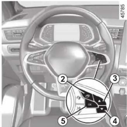 Interior view of a car dashboard with numbered annotations pointing to key components like steering wheel, dashboard, and steering wheel.