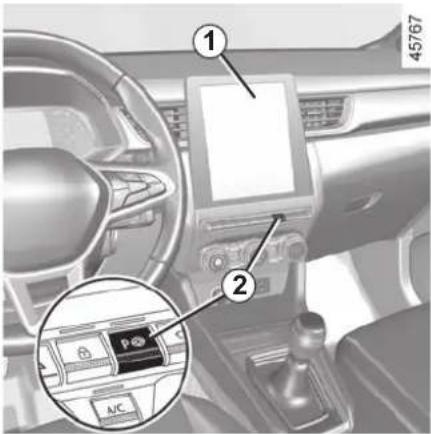 Interior view of a car dashboard with labeled parts and a close-up inset showing a battery control panel.