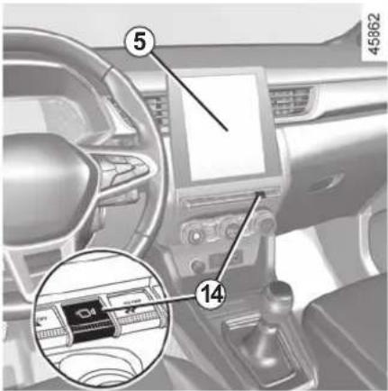 Interior view of a car dashboard with numbered annotations and a close-up inset showing a device labeled '14'