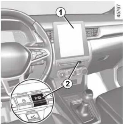 Interior view of a car dashboard with labeled parts including touchscreen, control panel, and A/C button