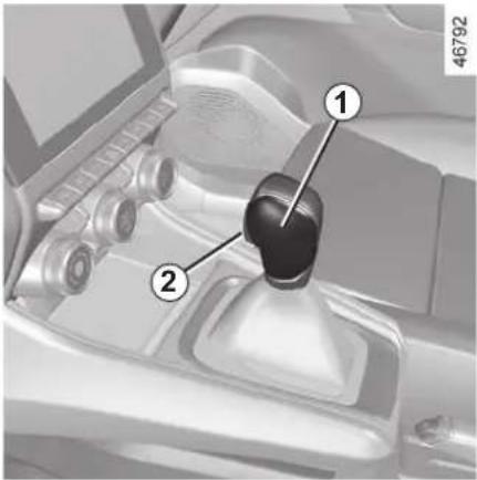 Diagram of a car gear shift lever with labeled parts 1 and 2, showing mechanical components and dashboard controls.