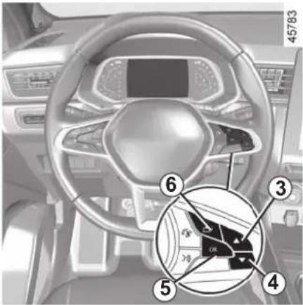 Diagram of a car interior with numbered parts and a magnified inset showing steering wheel and dashboard controls.